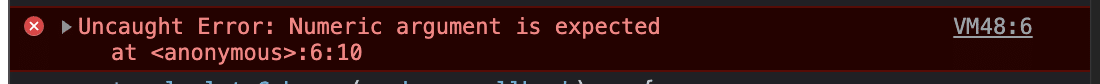 The error “Uncaught Error: Numeric argument is expected” shown on a dark red background beside a red cross icon.