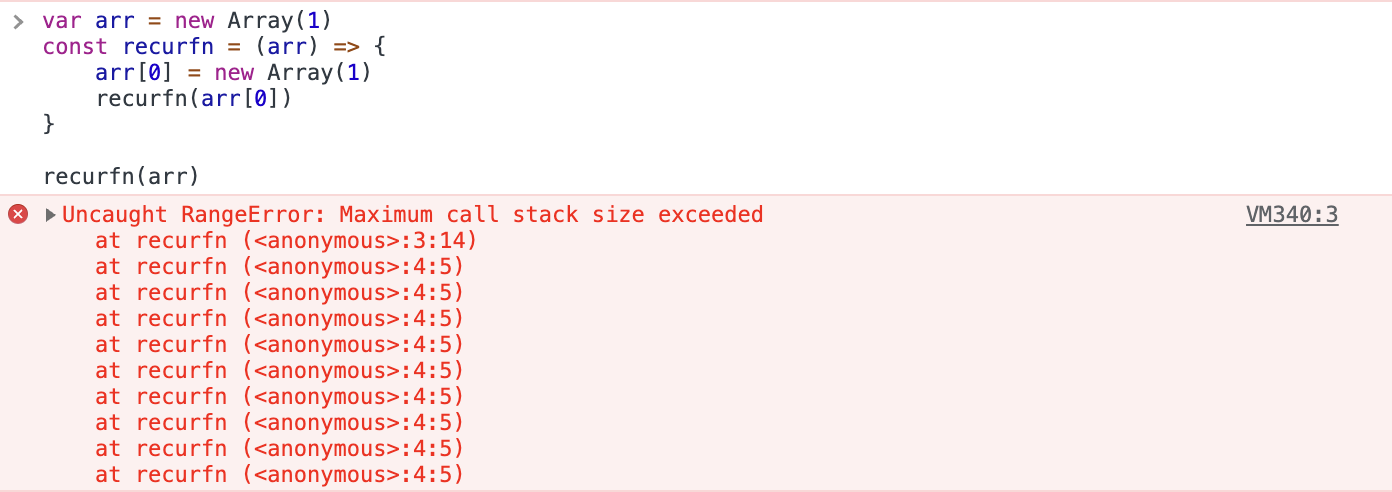 The error “Uncaught RangeError: Maximum call stack size exceeded” is shown on a red background beside a red cross icon with a recursive function’s code above it.