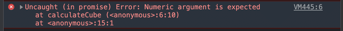 The error “Uncaught (in promise) Error: Numeric argument is expected” shown on a dark grey background beside a red cross icon.
