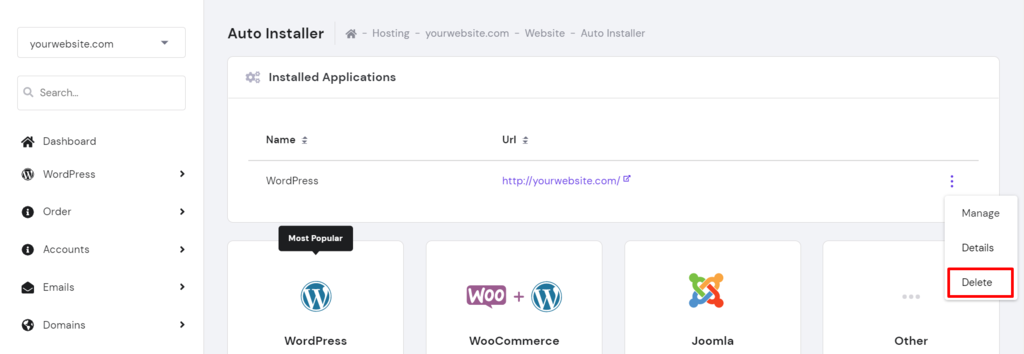 Uninstalling WordPress using Auto Installer