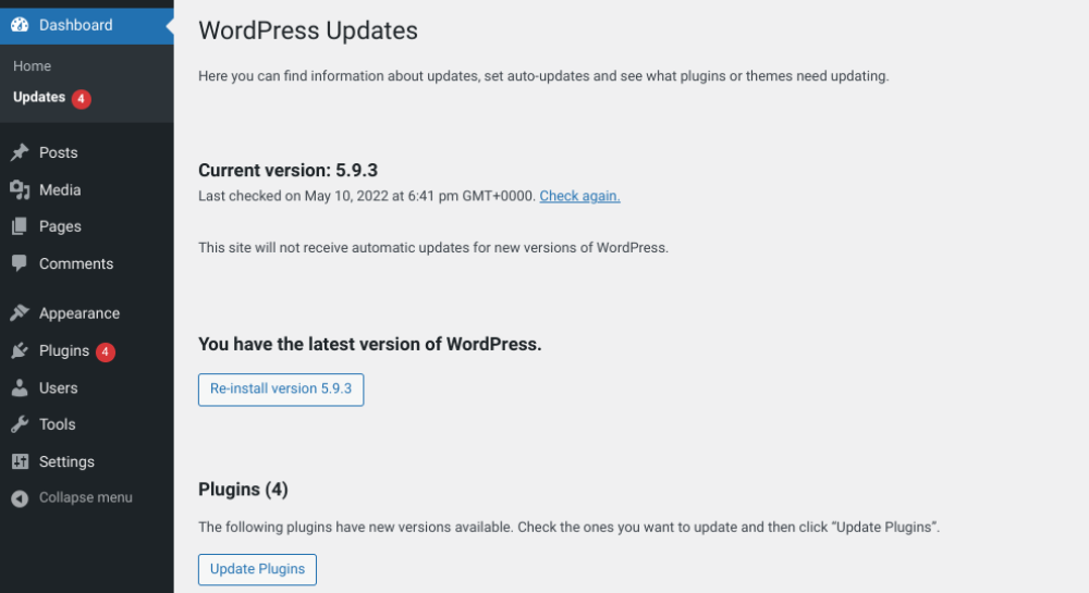 Accessing the WordPress Updates page in the Admin Dashboard