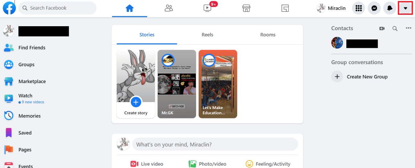 Click on the down arrow at the top right corner of the screen | delete Facebook account without waiting 14 days