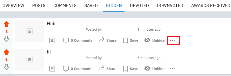 Click on the three-dotted icon next to any hidden post you want to delete