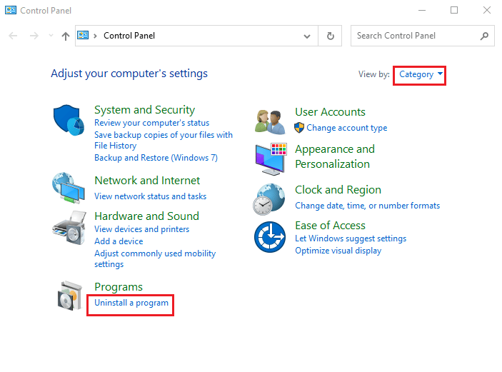 click on the option Uninstall a program in the Programs category