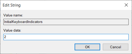 Set the value of InitialKeyboardIndicators to 2 to turn on Num lock on your device