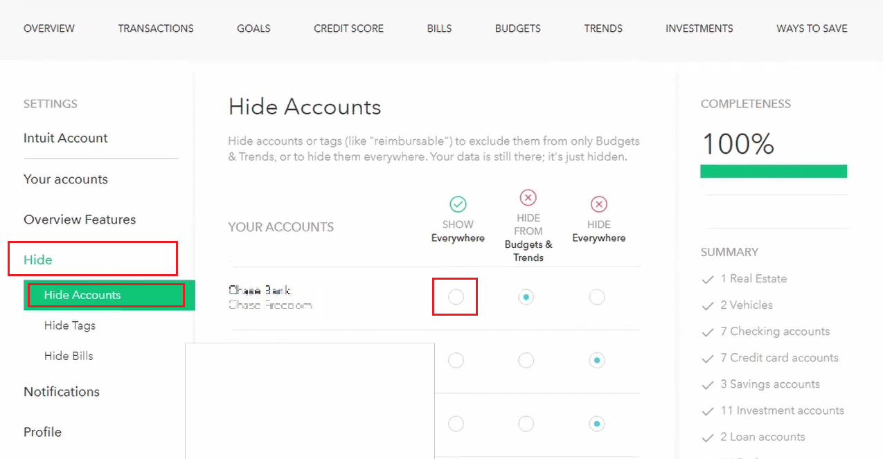 Hide - Hide accounts - desired account - SHOW Everywhere
