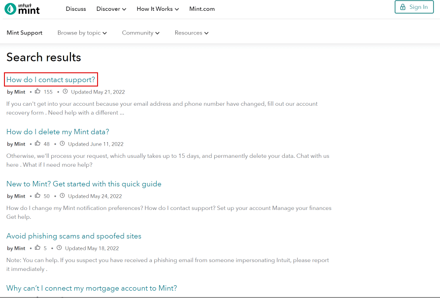 Click on the first topic which is How do I contact support | How to Remove an Account from Mint
