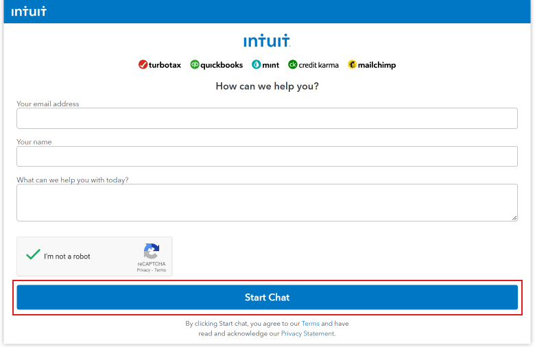 Enter your email, name, and your query and click on Start Chat to connect with the mint support.