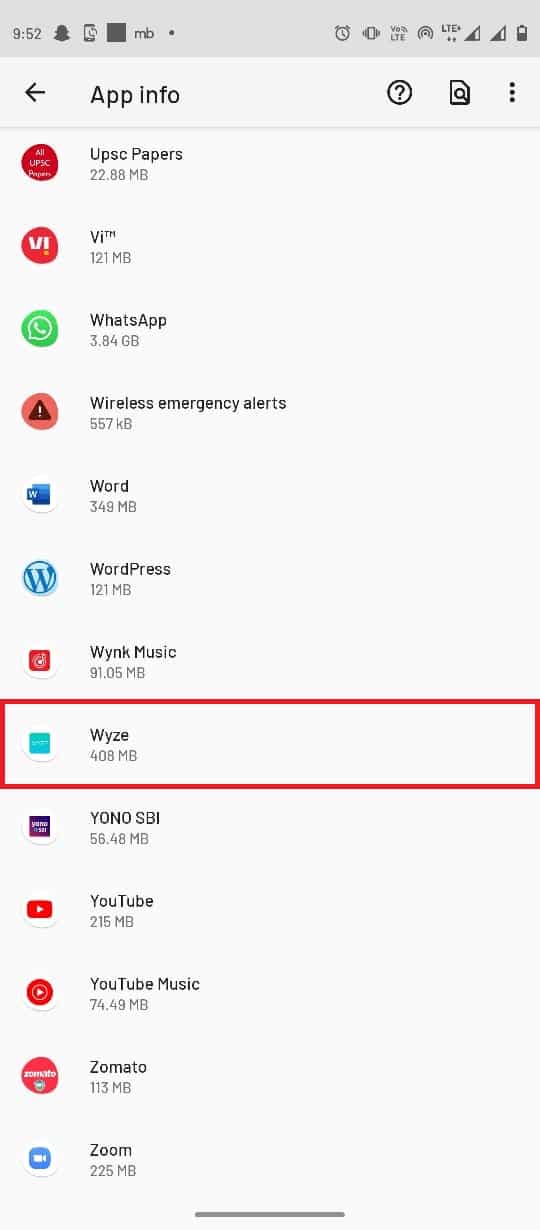 Scroll down and locate the Wyze app and tap on it