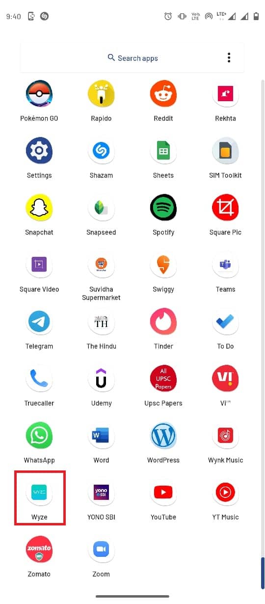 Open the Wyze app from the phone menu