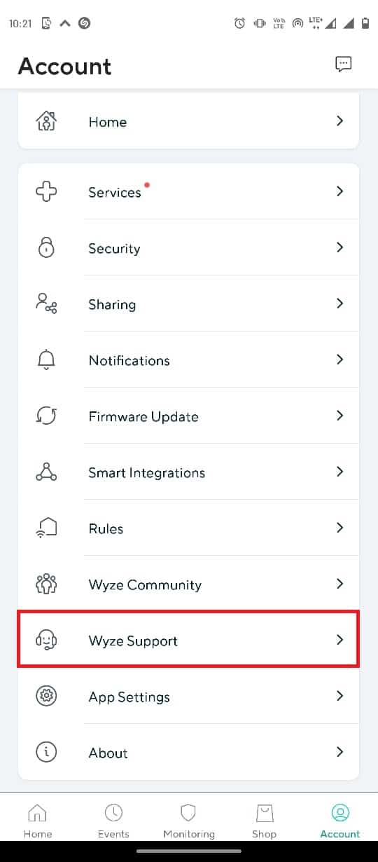 Tap on the Wyze Support