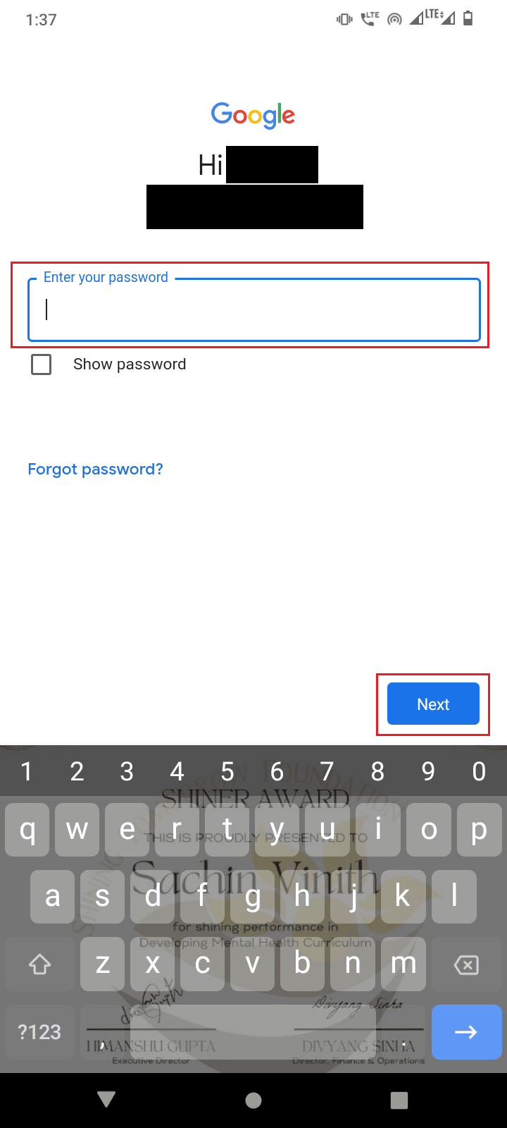 enter passowrd and tap next