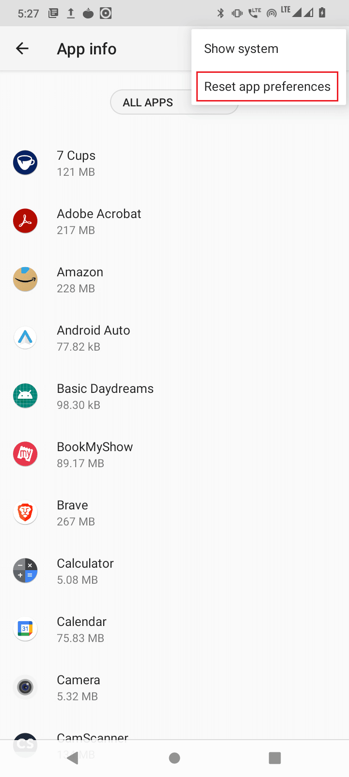 tap reset app preferences