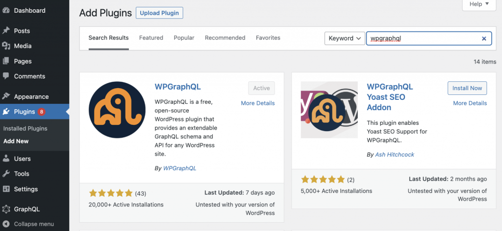 Installing and activating the WPGraphQL WordPress plugin