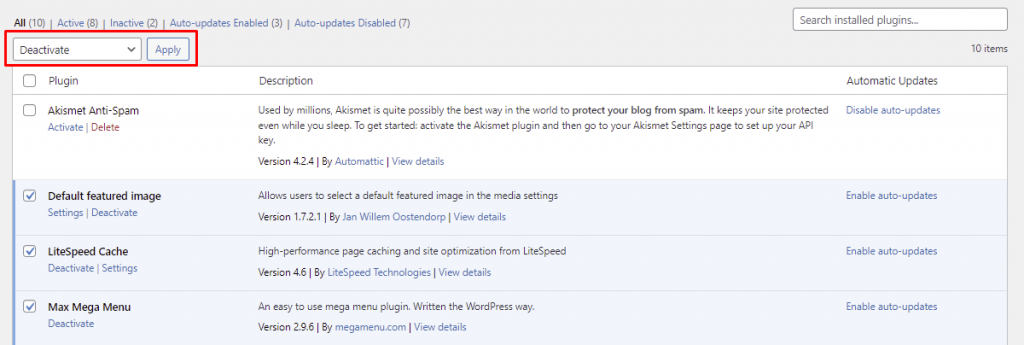 Deactivating WordPress plugins in bulk