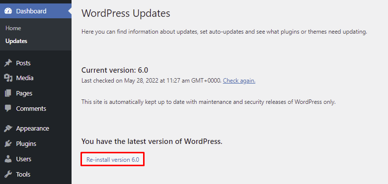 Reinstalling WordPress via admin dashboard