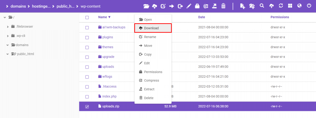 Downloading the compressed Uploads folder in the ZIP format