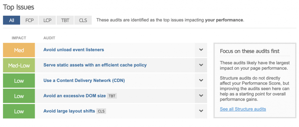 GTmetrix Top Issues section example