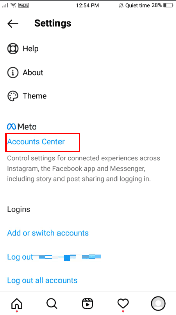 Under the Settings menu, locate and tap on the Accounts Centre option under the Meta logo