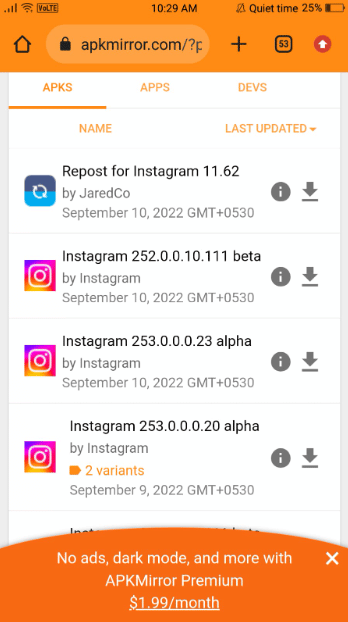  Now select the version you want to download, You can do this by selecting an app with a lower version number than the one you find on your Play Store's Instagram page. 