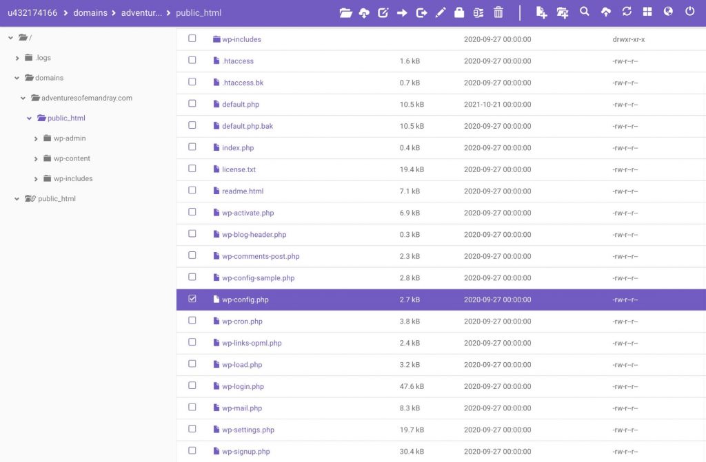 Opening the wp-config.php file on hPanel