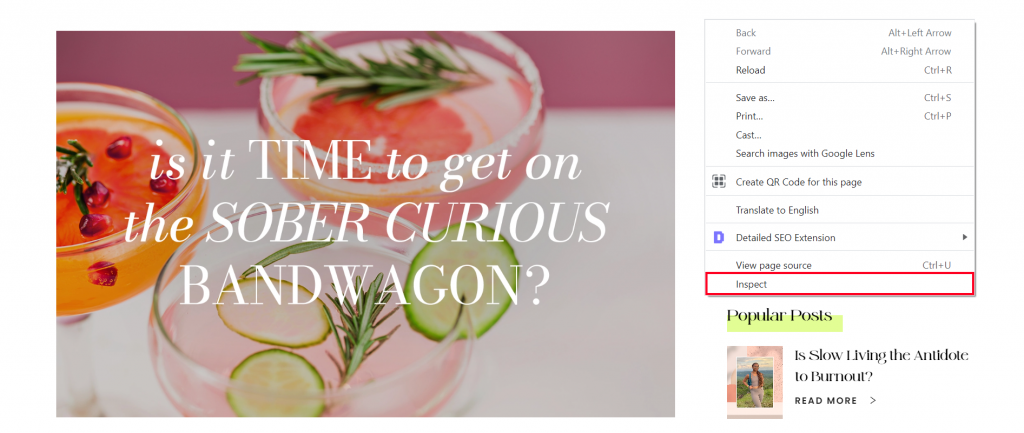 Inspect menu on Blogilates' page