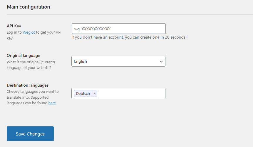 Weglot input API key