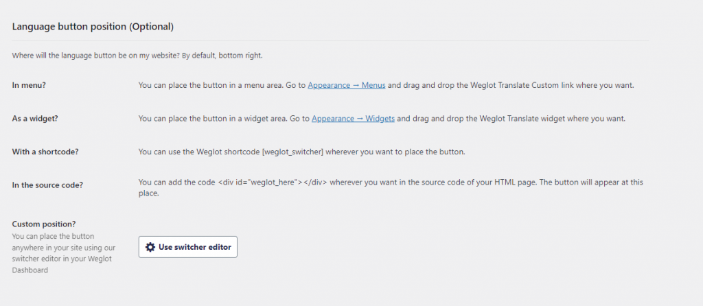 Weglot language button position configuration