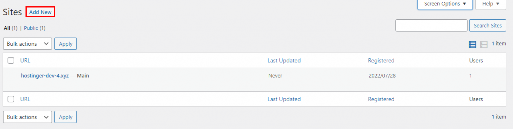 Add a new site on WordPress multisite dashboard