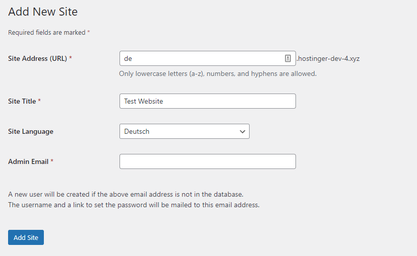 New site details on WordPress multisite dashboard