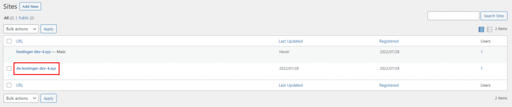 New site entry under sites list on WordPress multisite dashboard