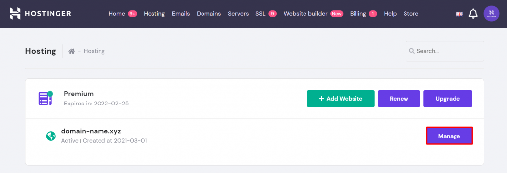 Hostinger's hPanel home page.