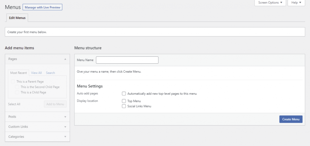 The appearance of the Menus section where user can customize their menus
