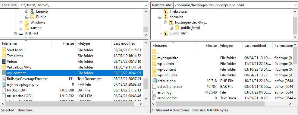 The interface of FilleZilla upon establishing an FTP connection.