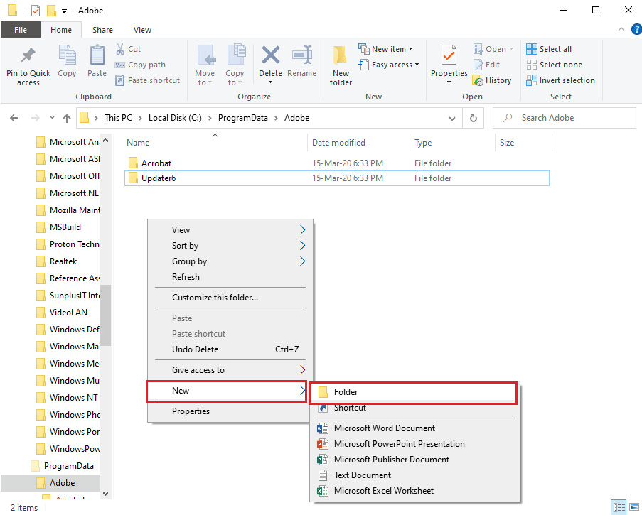 click on the New option and click on the Folder option 