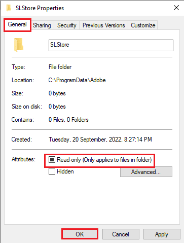 ensure that the Read only option in the Attributes section is selected and click on the OK button
