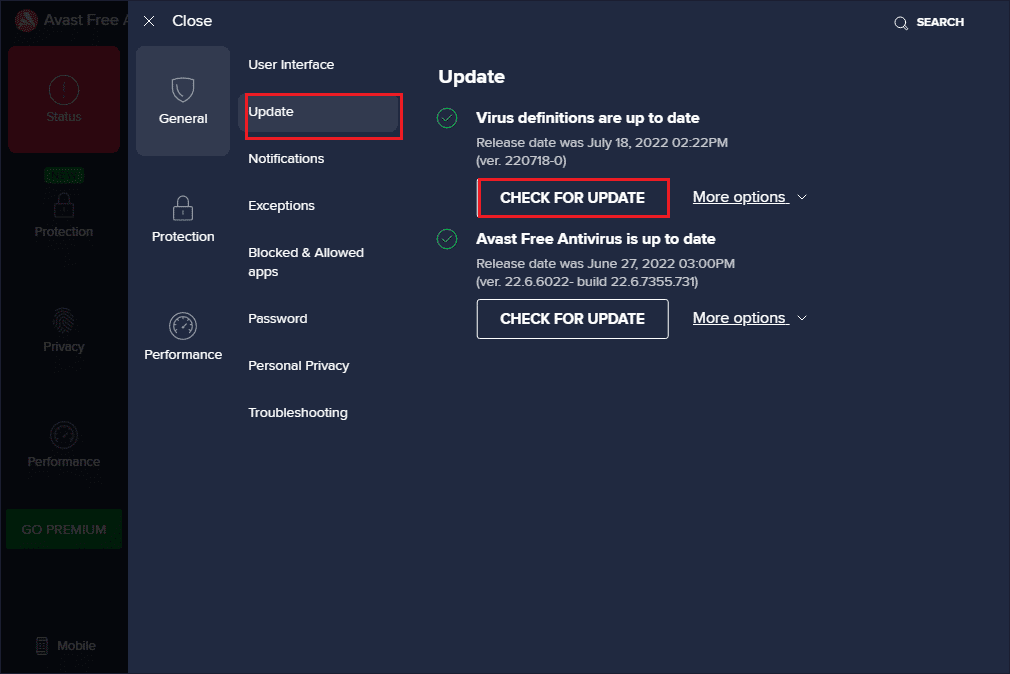 click on the CHECK FOR UPDATE button 