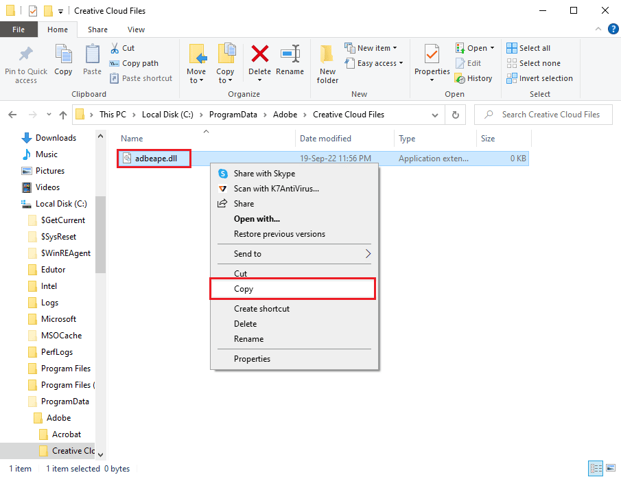 Right click on the adbeape.dll file and click on the Copy option. Fix Adobe After Effects Error 16 in Windows 10