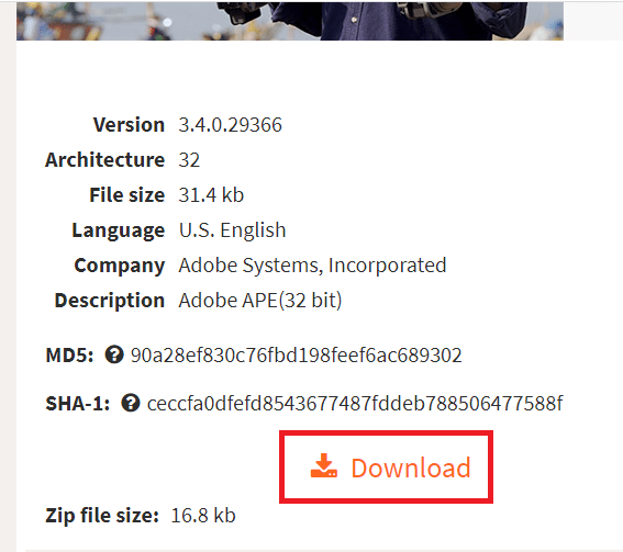 Open the download link of the adbeape.dll and click on the Download button based on the PC specification