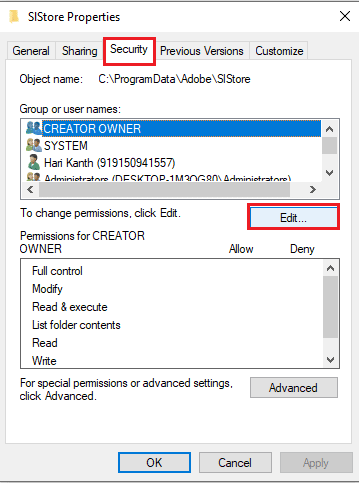 Navigate to the Security tab and click on the Edit… button 