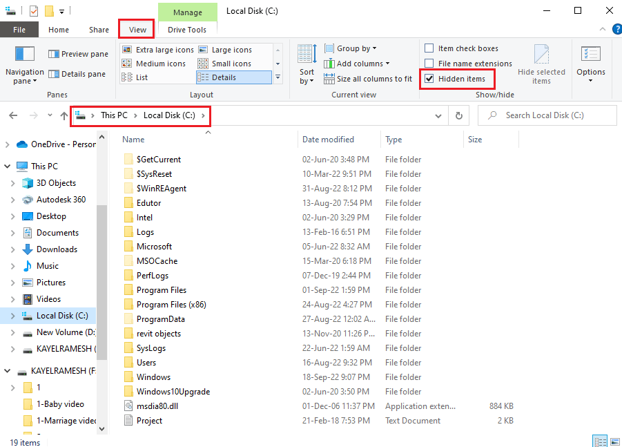 Move to the View tab at the top bar and tick the Hidden items options in the Hide or Show section
