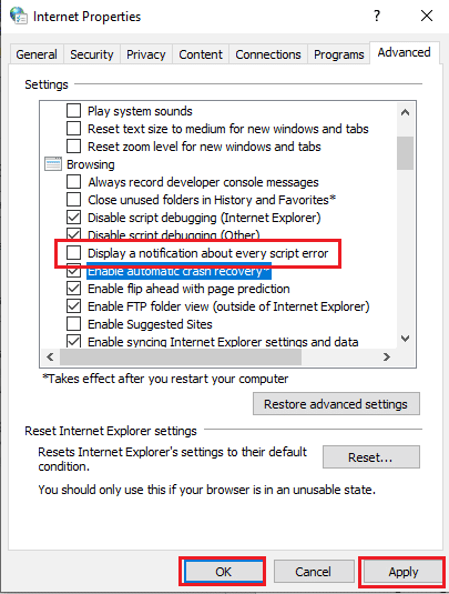 select the Display a notification about every script error 