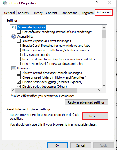 Click on the Reset… button. Fix Adobe After Effects Error 16 in Windows 10