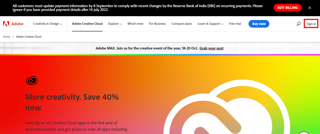 Open the official page of the Adobe site and click on the Sign in button. Fix Adobe After Effects Error 16 in Windows 10