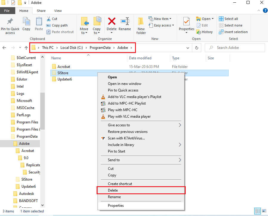 navigate to the Adobe folder and Select the Adobe folder and press the Delete key to delete the folder