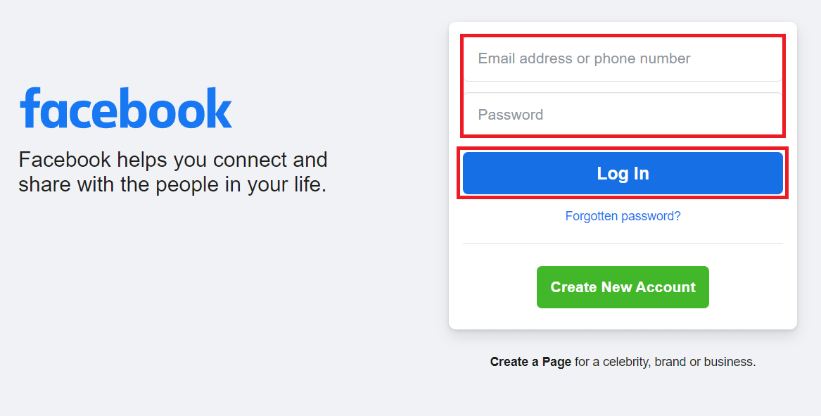 Facebook Log In page. Enter Log In credentials
