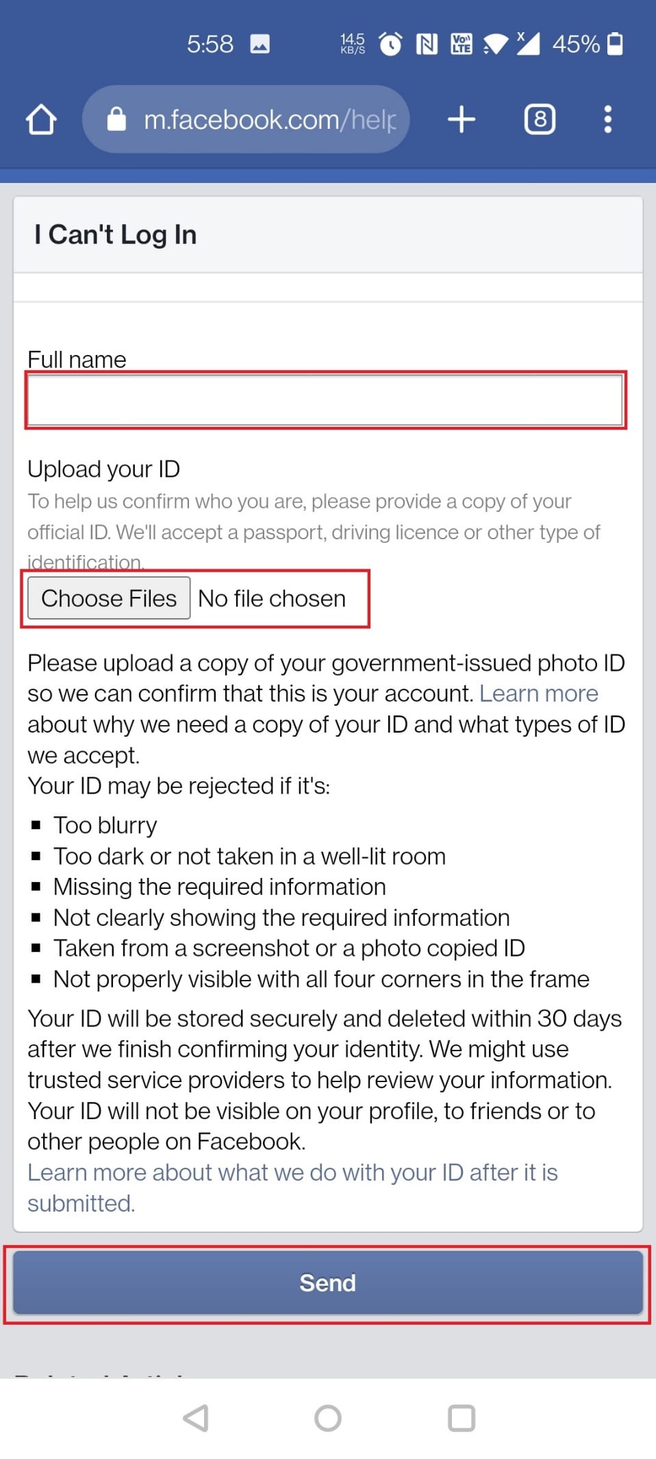 Type Full name, attach an ID proof and tap on Send | recover your Facebook password without email and phone number