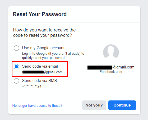 mark the Send code via email radio button and click on Continue