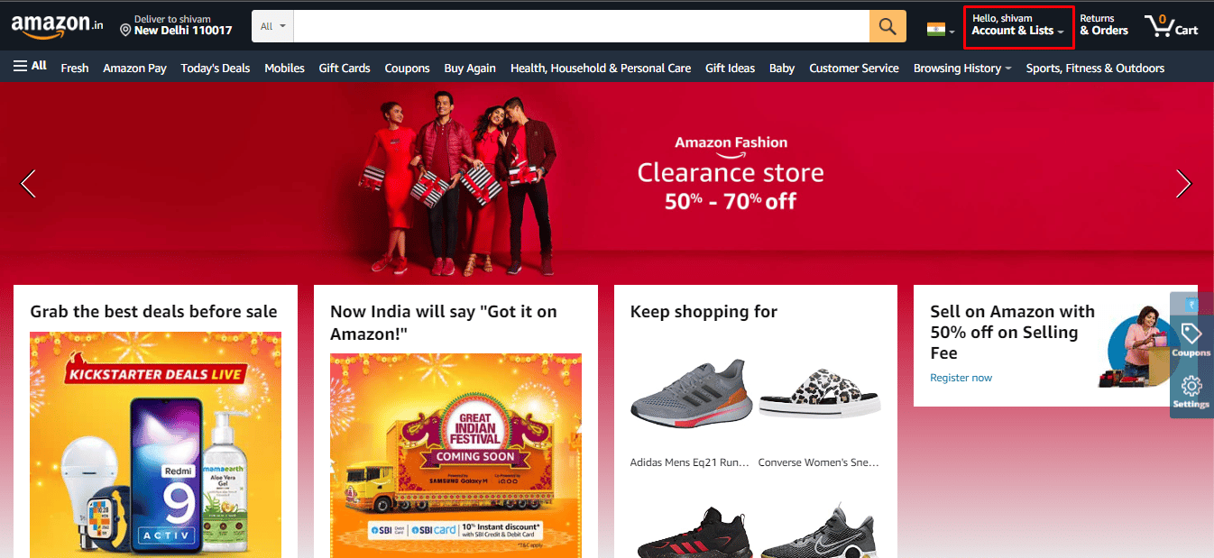 After you have logged in successfully, you will be redirected to the Amazon home page. Now, click on the Account & Lists option at the top right of your screen. | How to Change Email on Amazon