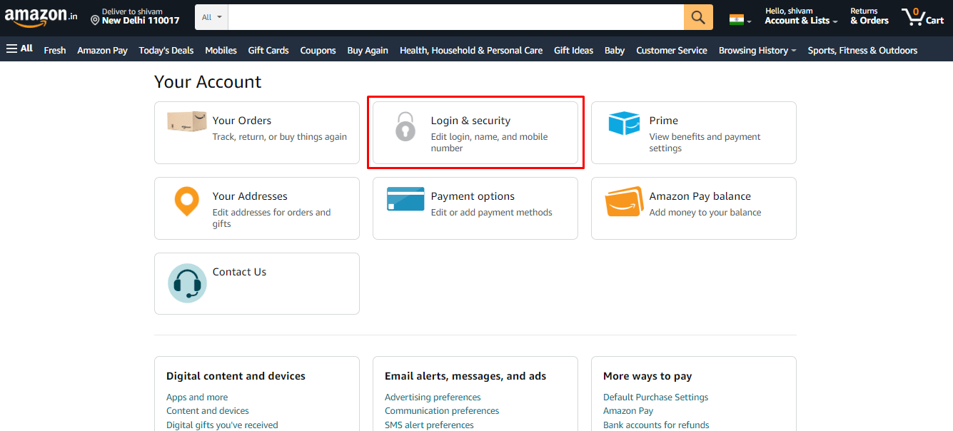 Click on Login & Security option, present under Your account settings menu. 
